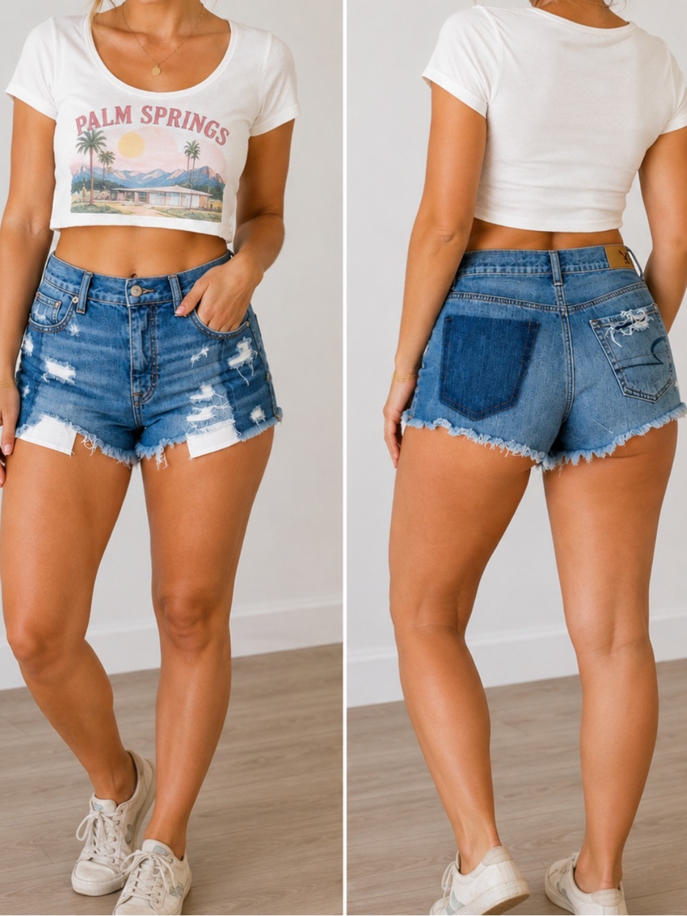 American Eagle Highrise Festival Patchwork Distressed Frayed Denim Short Size 2